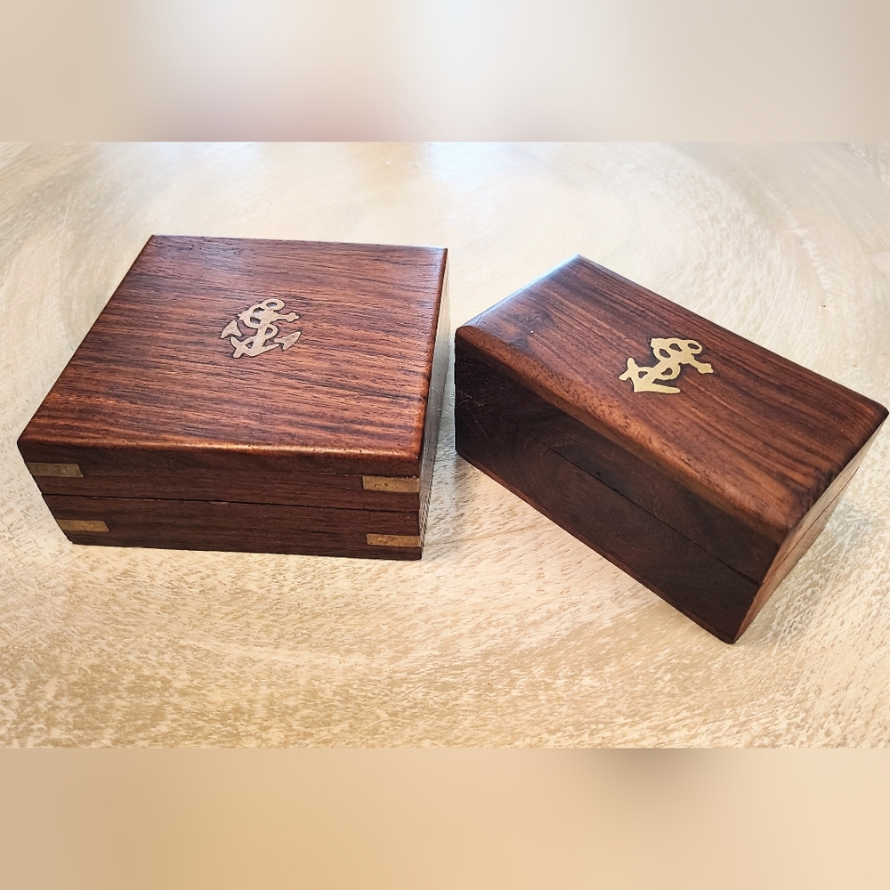 Wooden VINTAGE Anchor Inlay Jewelry Boxes - Oak Wood